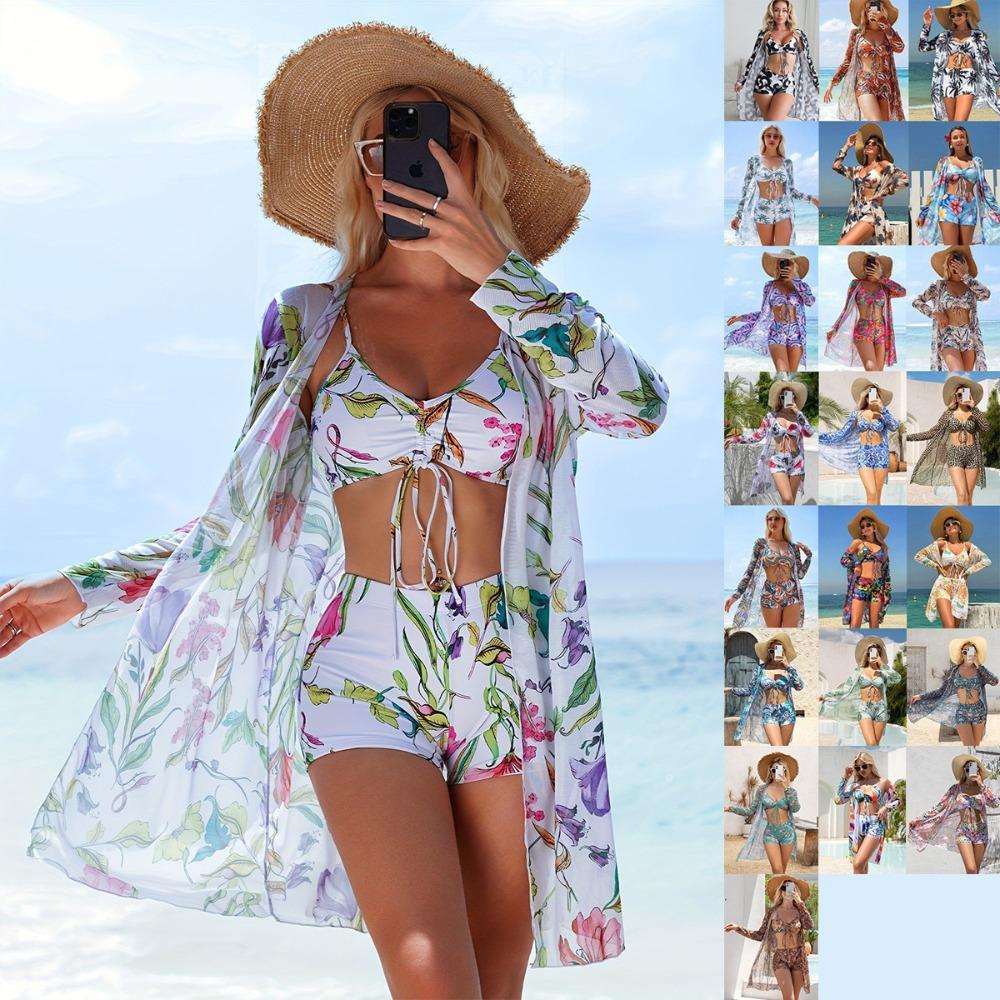 Bikini de Tres Piezas para Mujer con Pantalones Cortos tipo Boy Short, Bañador de Moda con Lazo y Cubre Traje de Playa