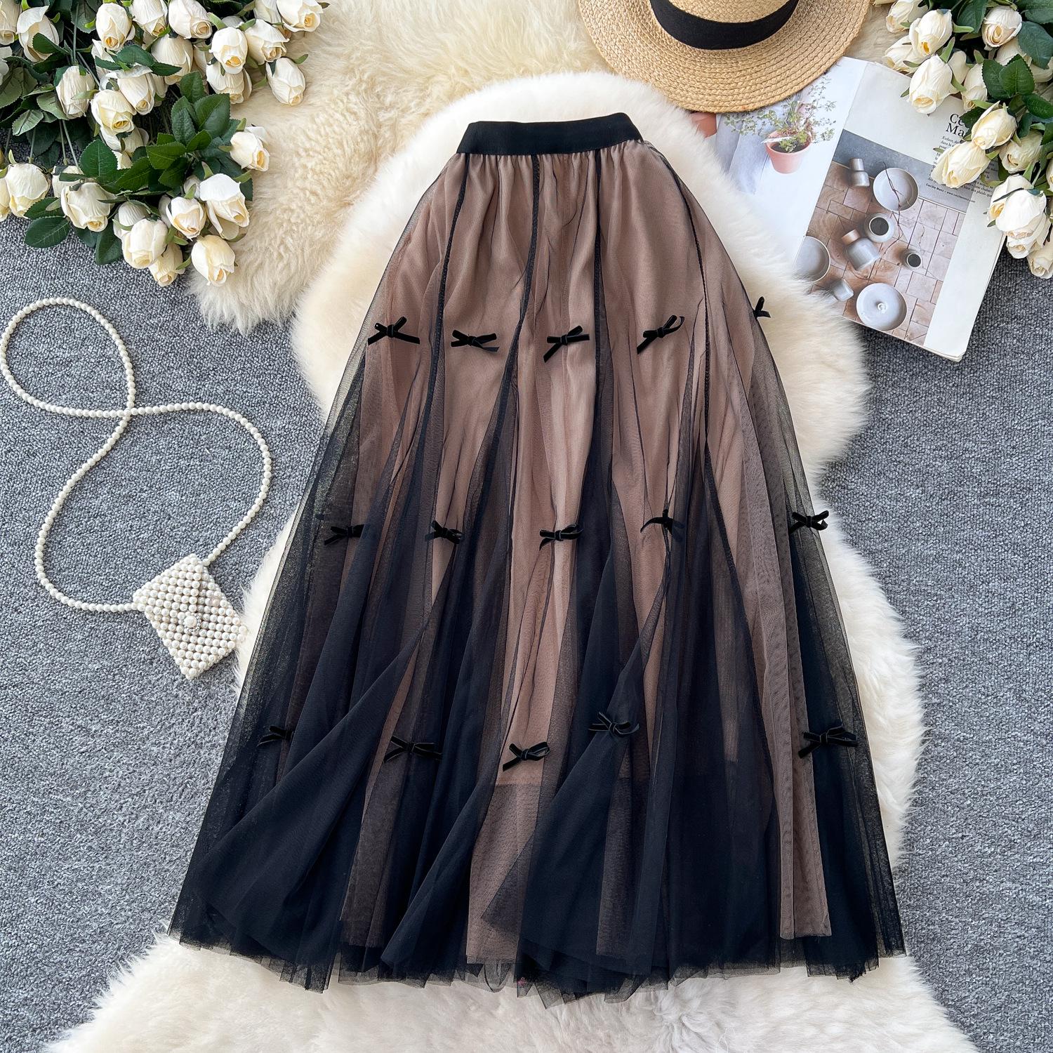 

Женская миди-юбка из тюля с бантом в стиле феи высокого класса - Осенне-зимняя приталенная сетчатая пышная модель One Size кофейный