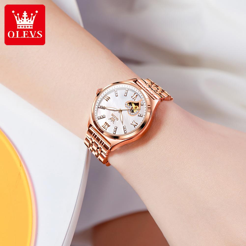 OLEVS Women's Watches Elegant Luxury Rose Gold Original Automatic Mechanical Wristwatch for Lady Hollow Out Lover Movement New