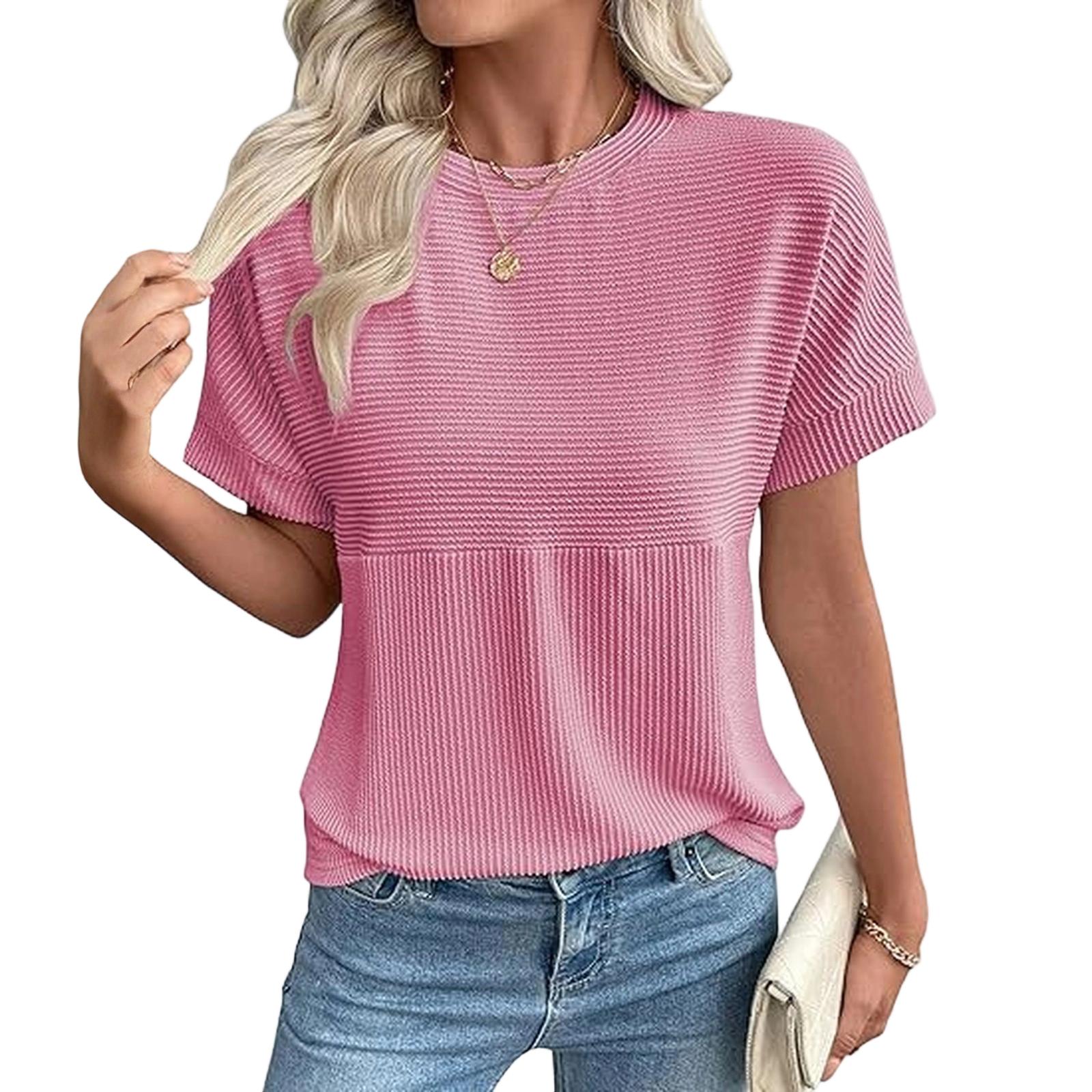 

Women s Fashionable Casual Round Neck Ribbed Short,sleeved Top XXXL рожевий