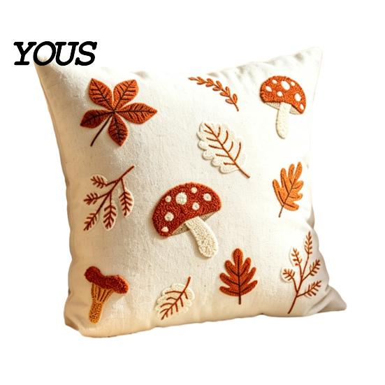 Autumn Theme Home Accents Embroidered Pillowcase, Mushroom Leaf Throw Pillow Cover, 18"x18" 20"x12" Seasonal Fall Cover Farmhouse for Sofa Bedroom