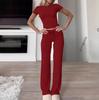 2025 Spring Women Solid Short Sleeve Crop T-Shirt & Drawstring Flared Pants 2 Piece Casual Loungewear Set