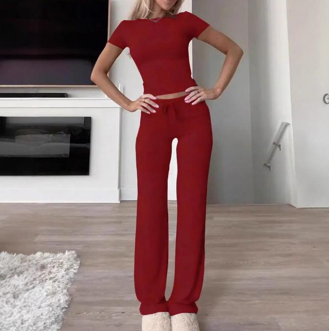2025 Spring Women Solid Short Sleeve Crop T-Shirt & Drawstring Flared Pants 2 Piece Casual Loungewear Set