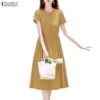Women Casual Round Neck Solid Color Short Sleeve Dress
