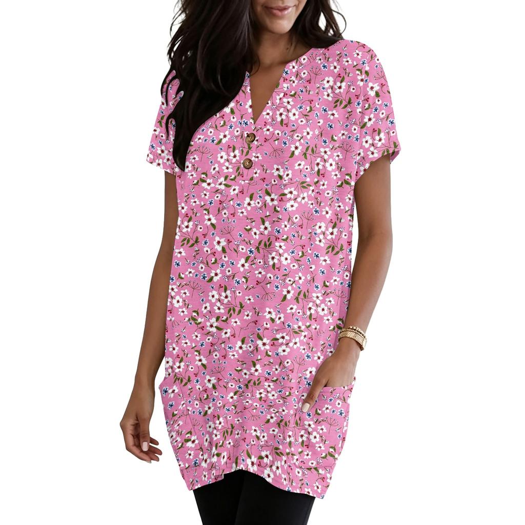 Women’s V Neck Vintage Floral Print Short Sleeve Pullover Top with Pockets Loose Fit Comfortable Design