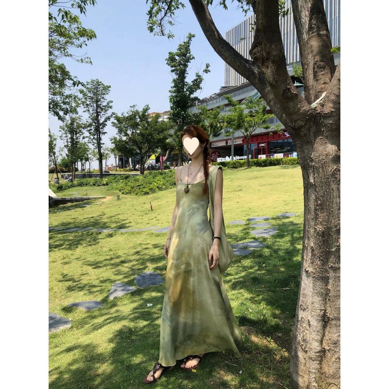 Smudge suspender dress women's summer green waist beach gauze skirt seaside vacation dress