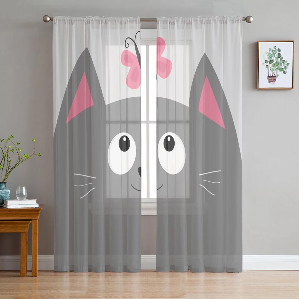 Modern Cartoon Cat Kitty Tulle Curtains Living Room Bedroom Kitchen Decoration Kawaii Animal Pet Chiffon Voile Curtain With Light Filtering Polyester