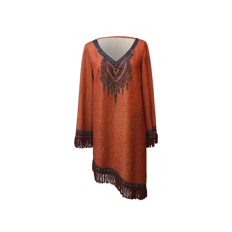 Frühling Sommer Quaste Patchwork Damenmode V-Ausschnitt Langarm Böhmische Kleider Vintage Muster Bedruckt Locker Kurzes Kleid