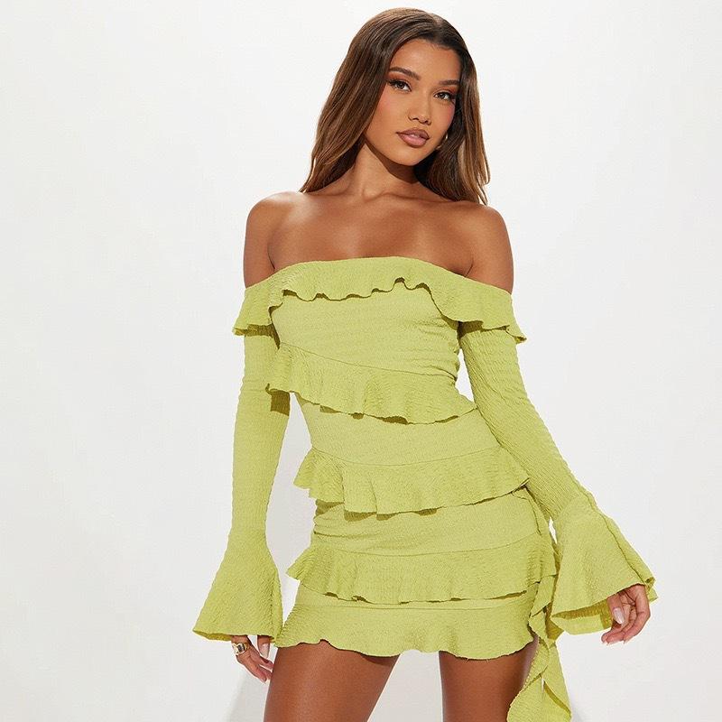 

Autumn New Fashion Tube Top One-word Shoulder Ruffle Edge Horn Sleeve Streamer Dress L