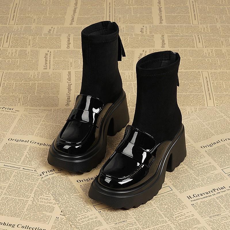 Women's Thick Heel Cotton Boots Winter New Round Head Splicing Elastic Cloth Back Zipper Thick Sole Non-slip Short Boots
