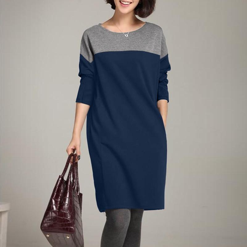 

Жіноча повсякденна сукня ZANZEA з довгим рукавом і круглим вирізом S темно-синього кольору