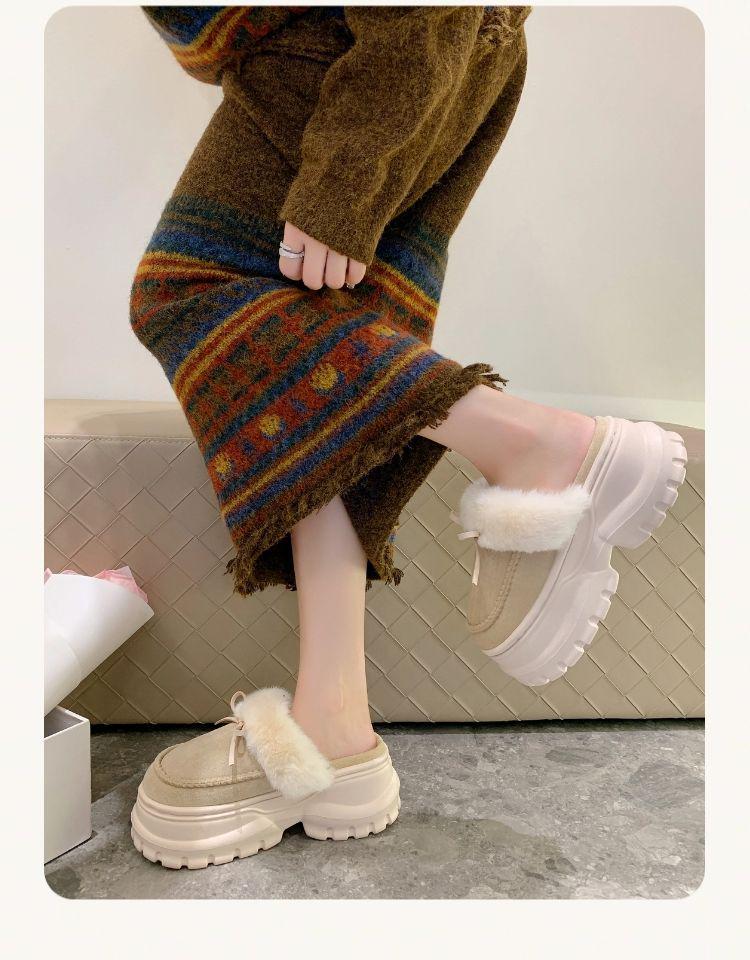 Women's Ultra-Thick Velvet Furry High-Heeled Cotton Slippers for Autumn & Winter 2025 – Height-Boosting Outdoor Warm Footwear.