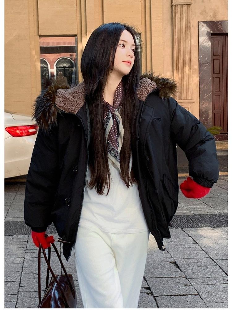 Horns Buckle Big Fur Collar Hooded Cotton-padded Jacket Women's Short Workwear Parkas