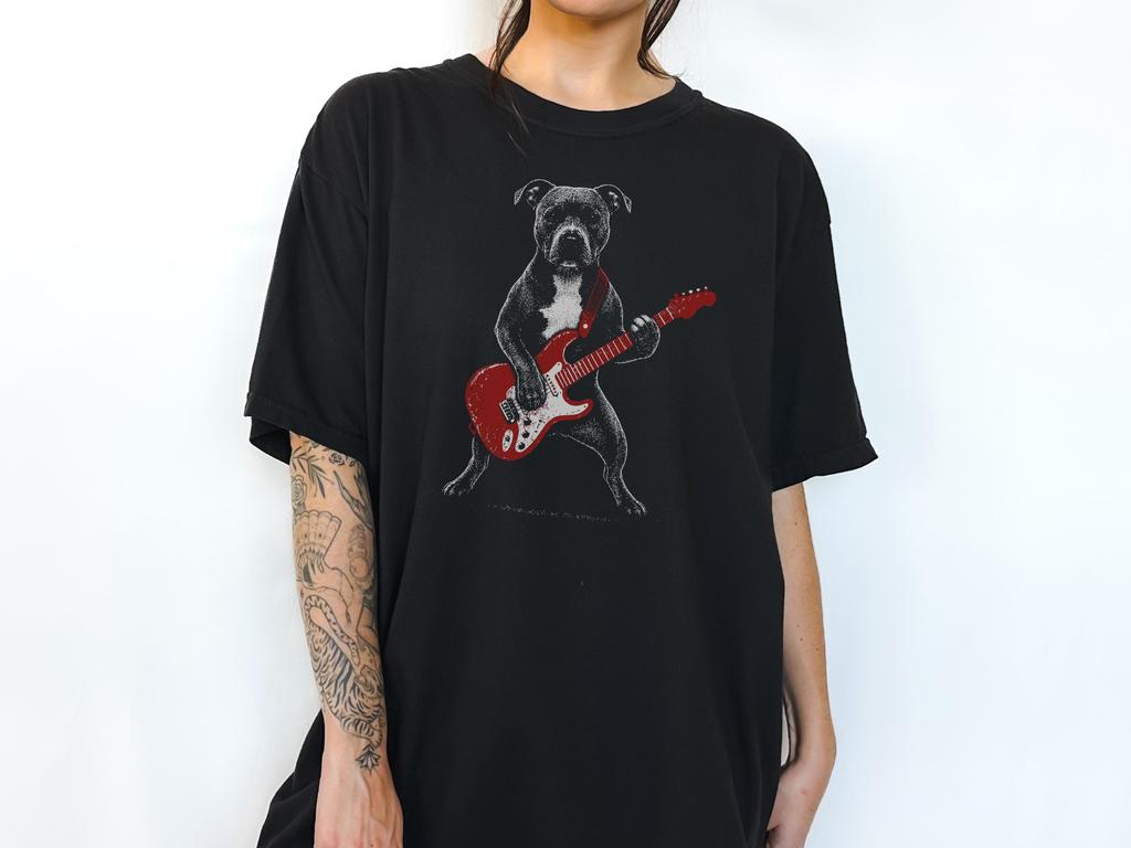 Pitbull Rock Comfort Colors T-Shirt - Dog Playing Guitar Shirt - Pittie Mom Gift Tee - Pit Bull Dad Tee - Rocker Dog Gift