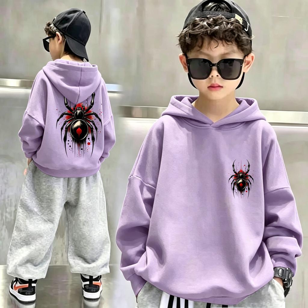 Latest children's retro fun spider-print pullover hoodie. Boys' and girls' loose and comfortable turtleneck sweaters.