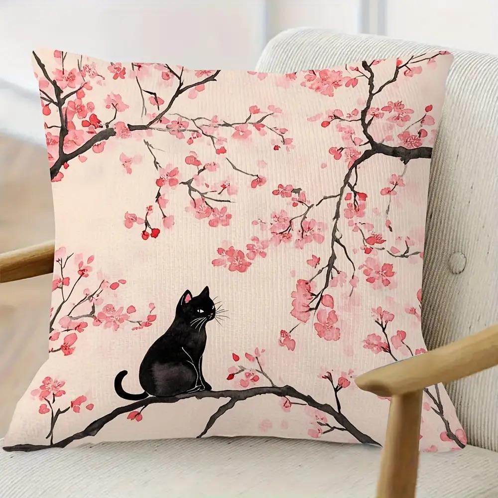 Japanese Cherry Blossom Black Cat Pillow Cover Watercolor Floral Print Oriental Sakura Cushion Case For Sofa Bed Couch Cute