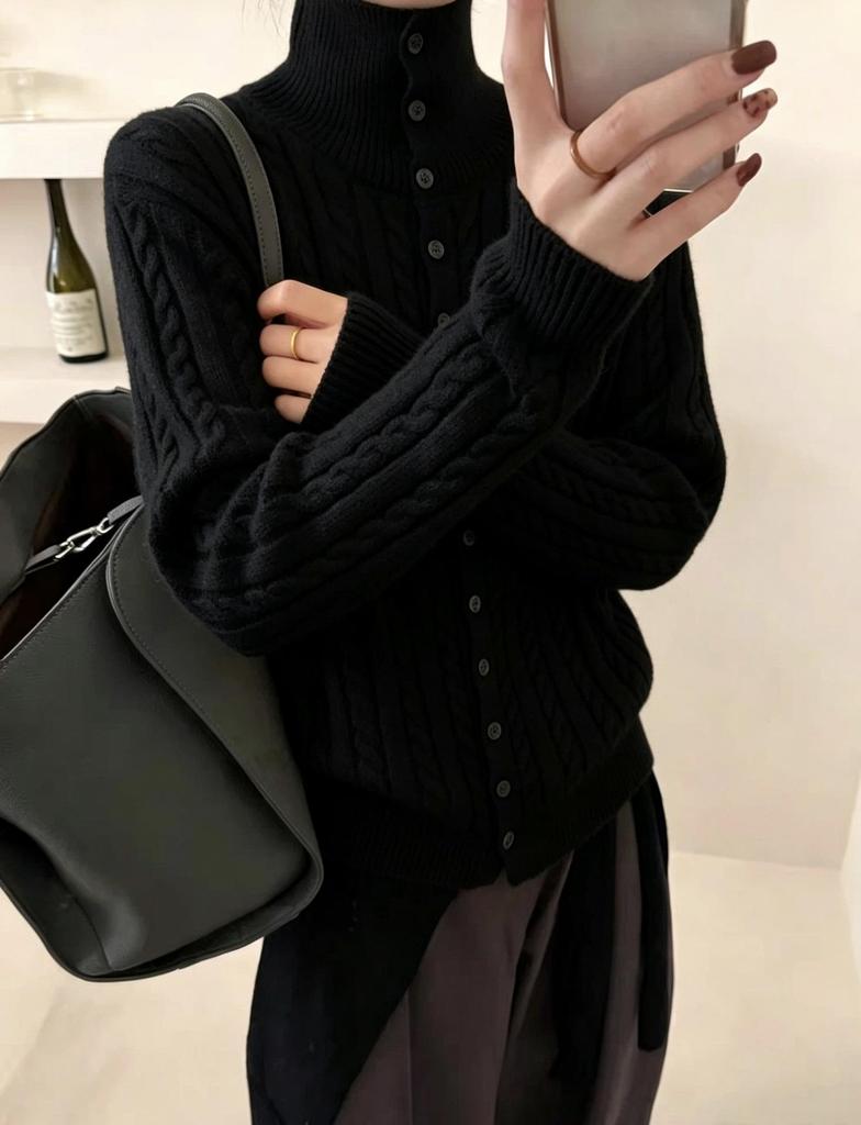 Women's High Neck Cable Knit Wool Cardigan – Autumn Winter Fashion, Thick Loose Fit, Long Sleeve Sweater