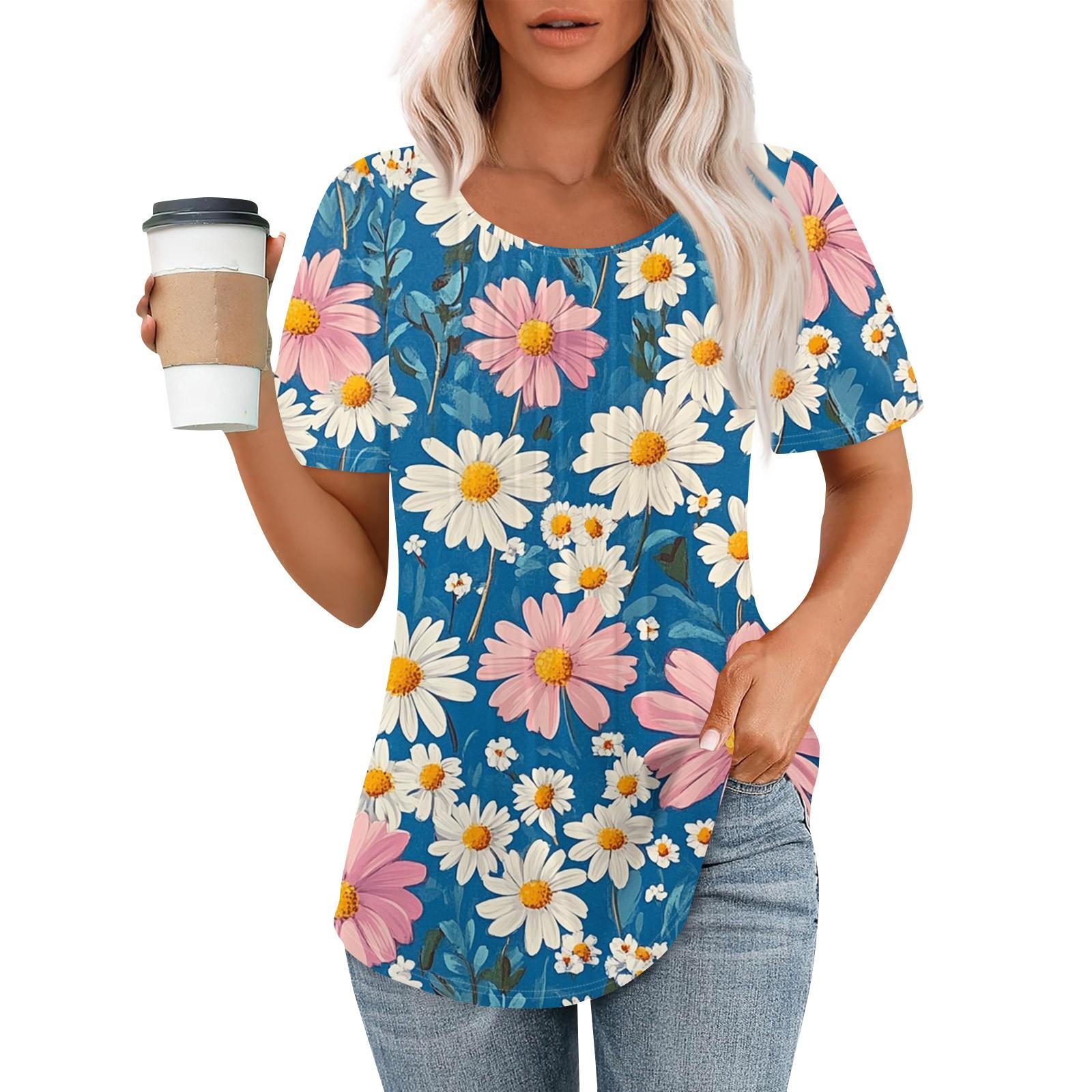 Women s Fashionable Casual Pleated Round Neck Striped Flower Printed Short Sleeved T Shirt Top S