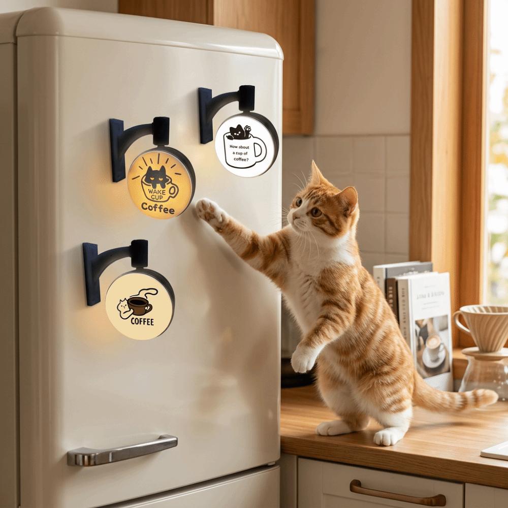 Rotatable Light Sign Light Up Cat Coffee Light Sign New Cat Fridge Magnet Refrigerator Decoration