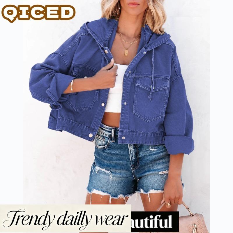 QICED Women's Vintage Casual Solid Color Print Autumn Winter Long Sleeve Jackets & Coats
