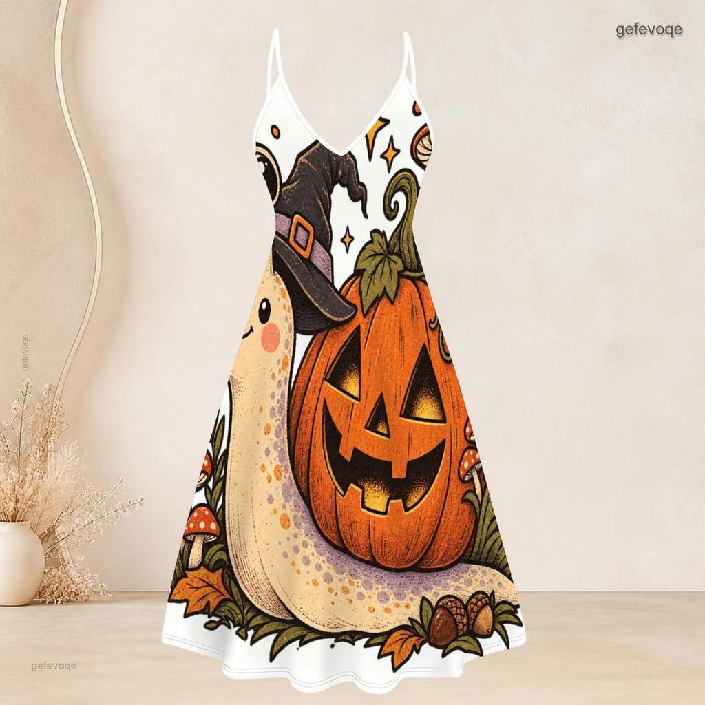Women Plus Size Two Piece Set Short Sleeve Cardigan Strappy V Neck Flared Dress Pumpkin Bear Printed