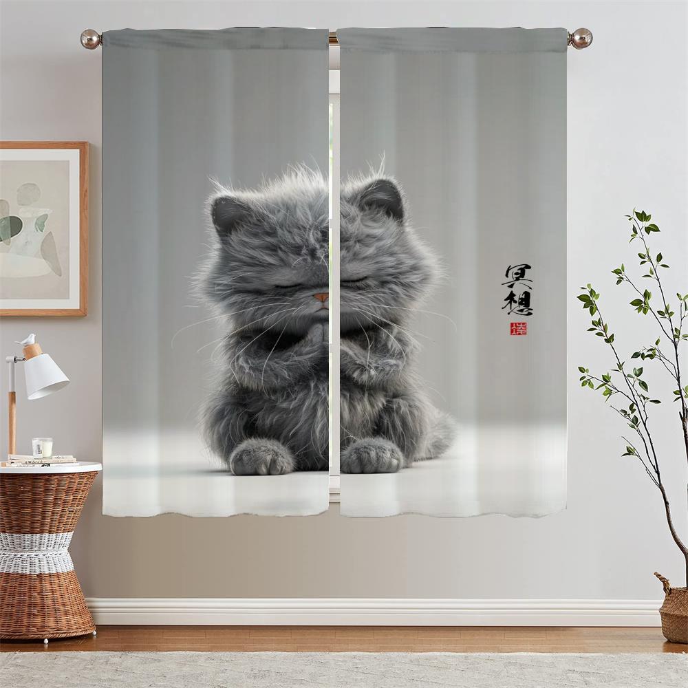 Curtains for Kitchen Curtains 2 Pieces Window Meditation Cat Cabinets for Living Room Decoration Fabric Curtain Tiebacks Blind