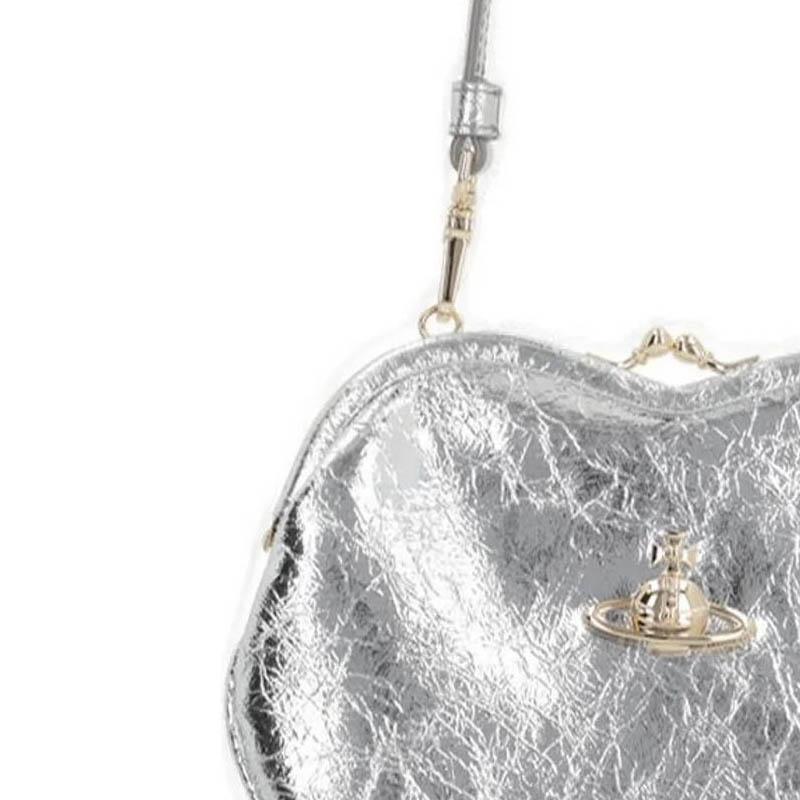 VIVIENNE WESTWOOD Metallic Effect Iconic Saturn Logo Goat Leather Shoulder Tote Bag Women Handbags Silver 4B01000CWL00ACQ401