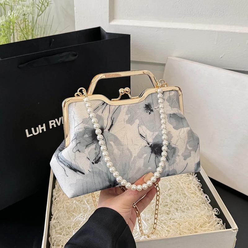 Perlenstickerei Druck Damen Schultertaschen Schlichtheit Trend Drehverschluss Umhängetaschen für Frauen Ketten