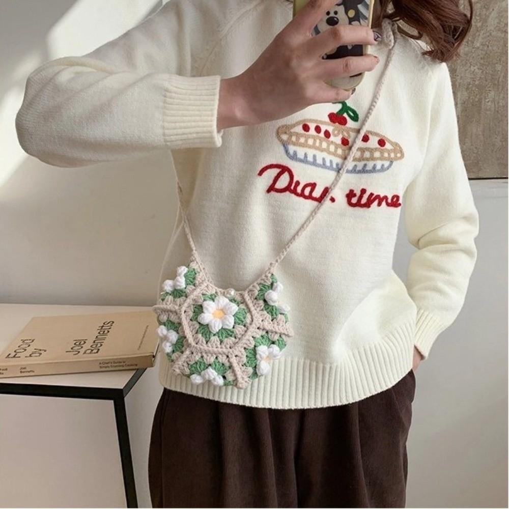 Sweet Handmade Crochet Crossbody Bag Flower Pattern Fabric Yarn Small Change Purse Knitted Shoulder Bag