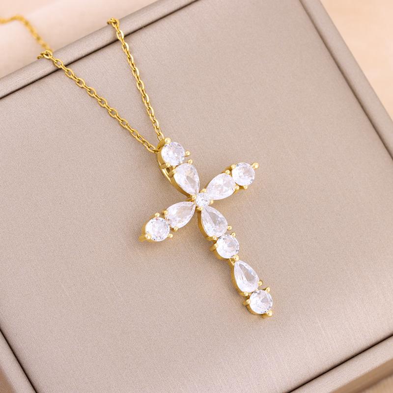 New Super Shining Zircon Crystal Cross Pendant Necklaces For Women Trendy Female Stainless Steel Neck Chain Jewelry