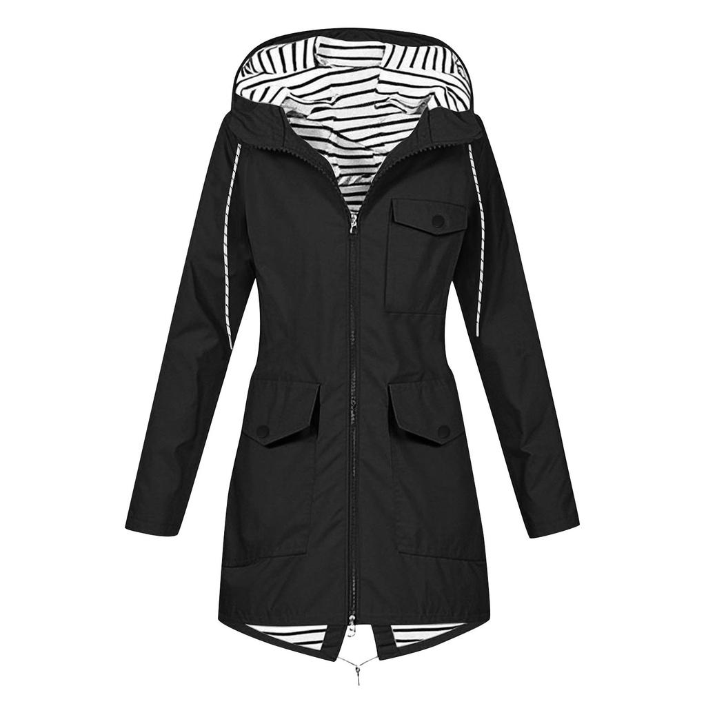 Women Solid Rain Jacket Outdoor Plus Waterproof Hooded Raincoat Windproof