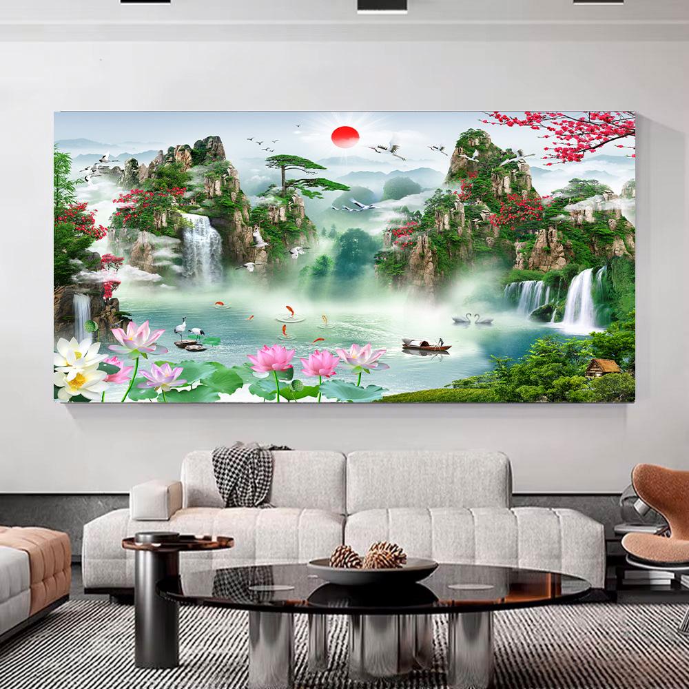 Wasserfall Sonnenuntergang Landschaft Leinwandmalerei See Vogel Poster und Drucke Cuadros Wald Wandkunst Bild für Wohnzimmer