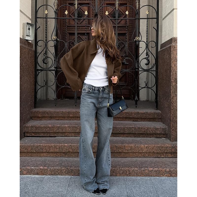 Damen Vintage Brauner Dicke Wolle Lockerer Umlegekragen Wintermantel