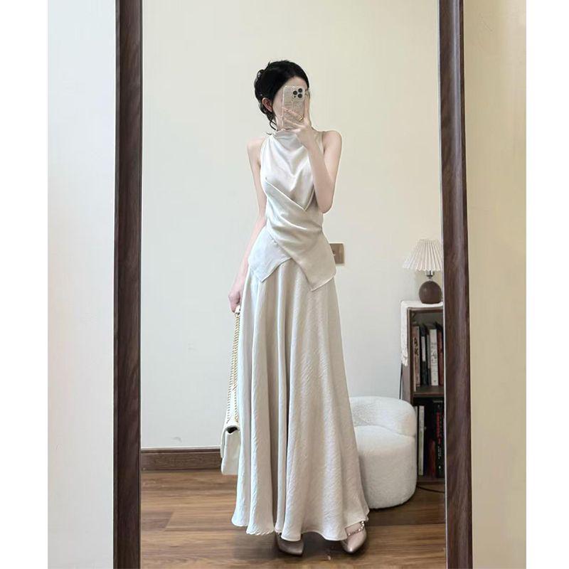 Summer Slimming Irregular Satin Vest and Skirt Set S
