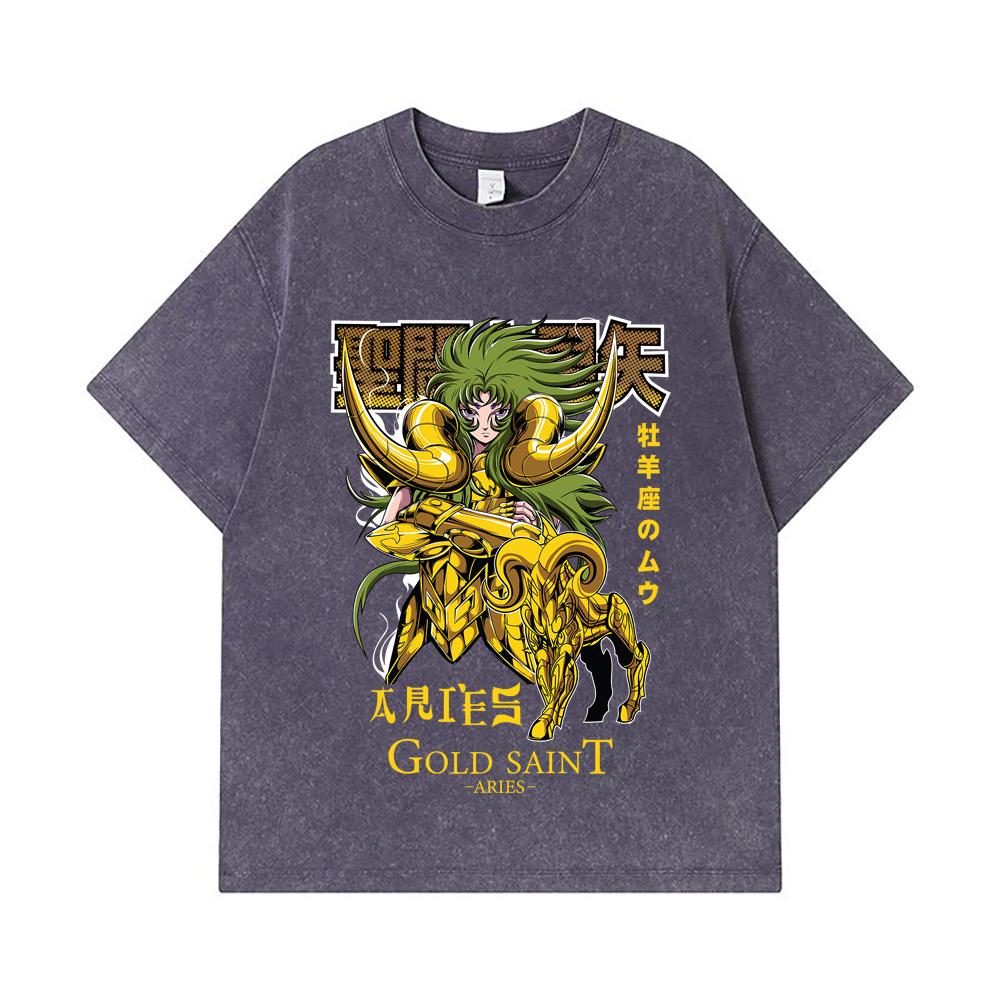 275 GSM Washed T-shirts 100% Cotton Saint Seiya V19 Aries Print Unisex Heavy Cotton T Shirt