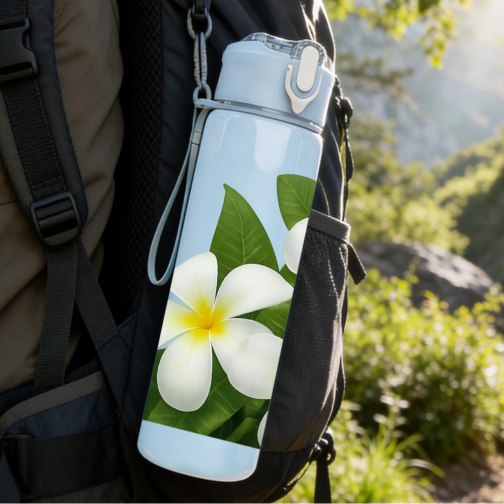 1PC White Plumeria Flower Bloom 750ml Color Plastic Sports Water Bottle Leakproof Flip Straw Lid For Sports Office Home Use