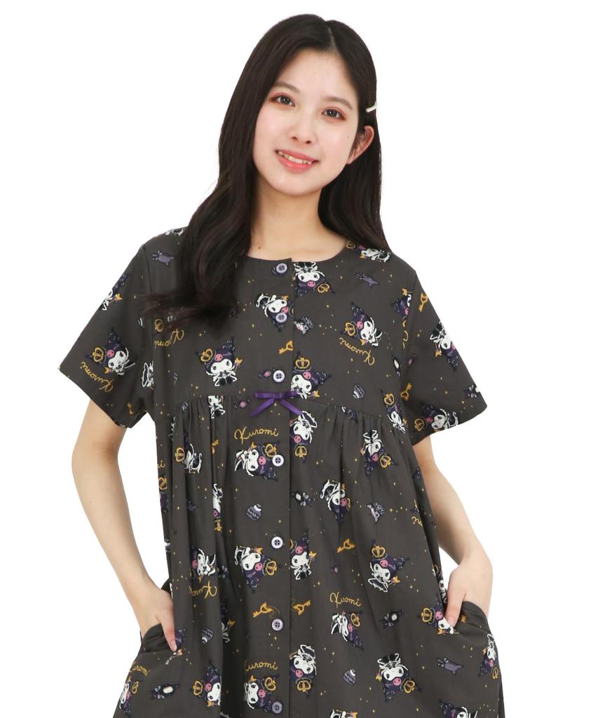 SAZAC Kuromi Cotton Loungewear Dress, 100% Broadcloth, Button-Front, Women's Nightgown, (Black/M-L/SAN1903)