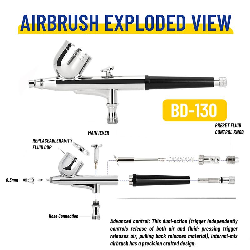Professionelle Double-Action-Airbrush Bd-130 mit montierten 0,3-mm-Düsen und -Nadeln