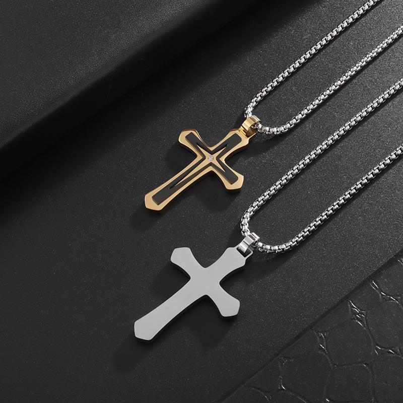 New Style Stainless Steel Two Color Cross Inlaid Zircon Pendant Necklace for Men and Women