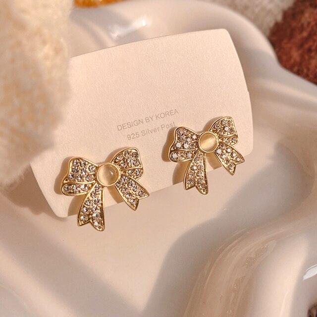 

Модные изысканные серьги-гвоздики с опалом и бантом из 14-каратного настоящего золота для женщин и девочек, ювелирные изделия с цирконием AAA S925, серебряные иглы-гвоздики, подарок на вечеринку