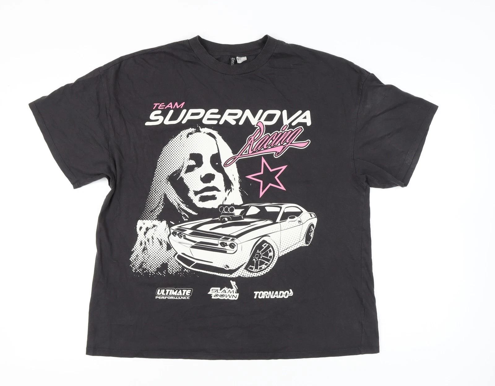 

H&M Divided Womens Black Graphic Racing Car Print Cotton T-Shirt Size 12 4XL