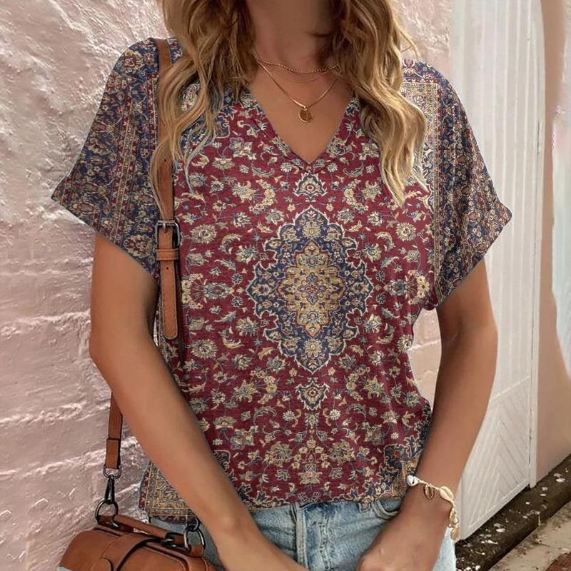 Casual Bohemian Print Women's Short Sleeve V-Neck Top T-Shirt