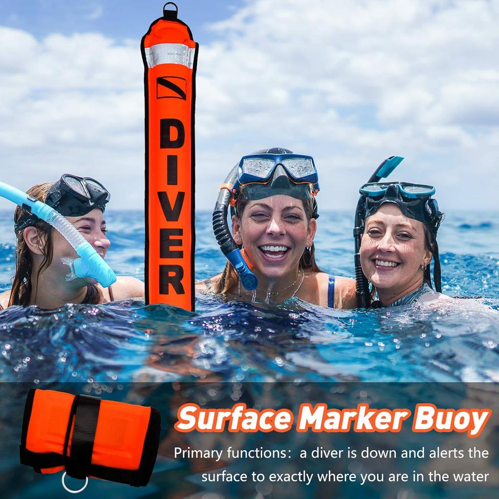 5ft Scuba Diving Surface Marker Buoy (SMB), Safety Sausage with Plastic 98ft Finger Spool Reel and Double Ended Hook Clip + Emergency Whistle for