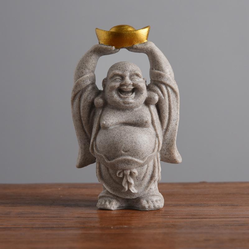 Sandstone & Handmade Resin Craft Statue, Chinese Style Smiling Buddha & Maitreya Buddha, Gold-Painted Creative Gift Decoration