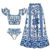 1SET women's sunscreen swimsuit gauze skirt printed swimsuit women's bikini