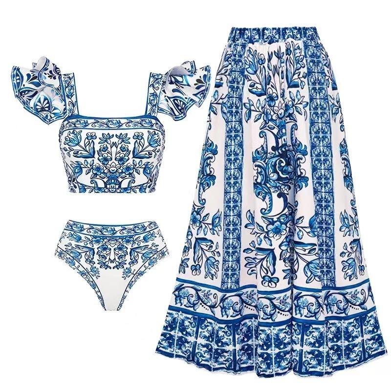 1SET women's sunscreen swimsuit gauze skirt printed swimsuit women's bikini