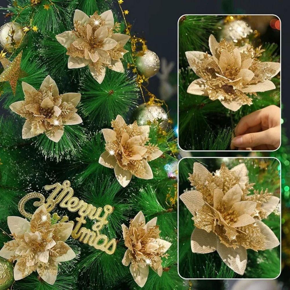 12Pcs With Clips Glitter Xmas Tree Ornaments Multi-color Christmas Floral Decorations  Wedding Decor