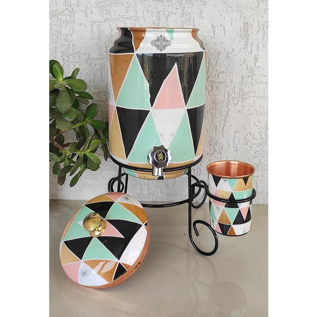 Pure Copper Colorful Triangle Printed Design Water Pot Heavy Gauge with Brass Tap & Copper Glass & Stand, Storage & Serving Water, Volume- 5 Liters