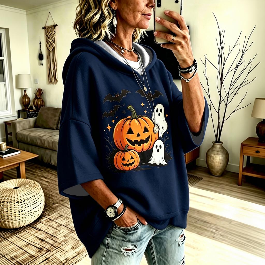 Women's Halloween Digital Print Hoodie Loose Fit Three-Quarter Sleeve Drop Shoulder Sweatshirt