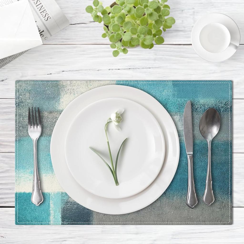 Farmhouse Placemats Set of 4, 12x18 Inch Modern Teal and Grey Abstract Art Painting Table Mats for Outdoor Home Party Kitchen Dining Decoration